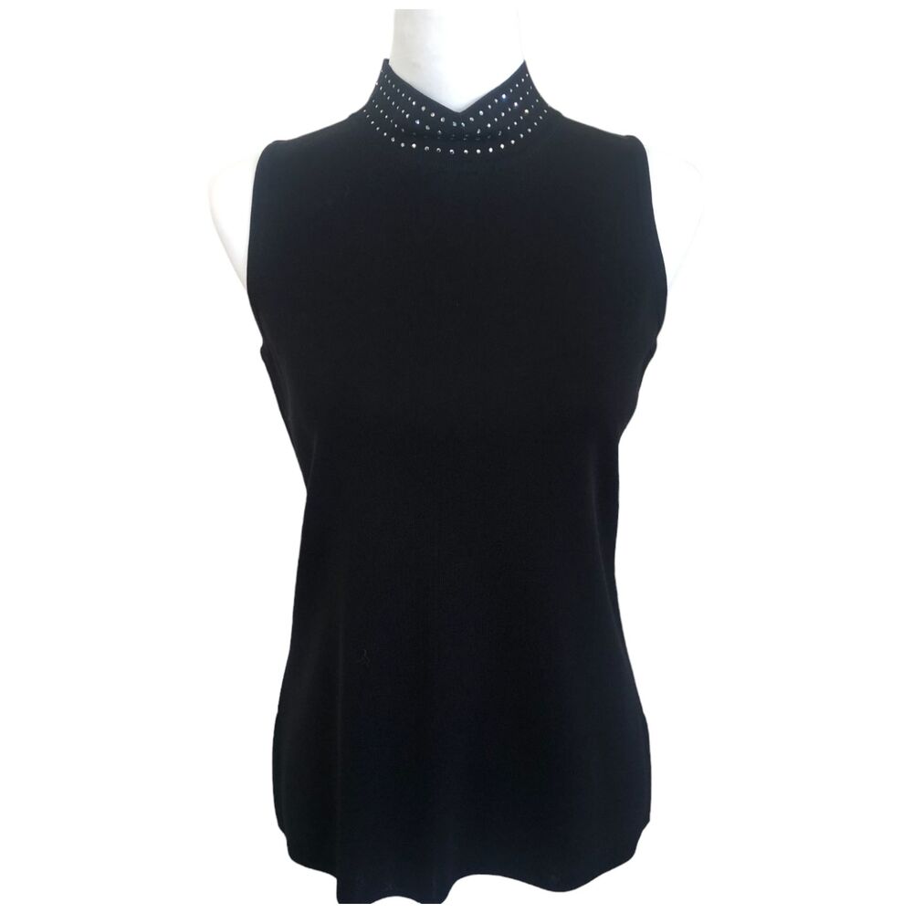 Exclusively Misook Black sleeveless Mock turtlneck top with rhinestone collar XS